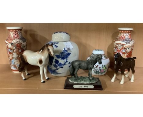 SHELF OF ORNAMENTS INCL; LARGE BLUE &amp; WHITE GINGER JAR