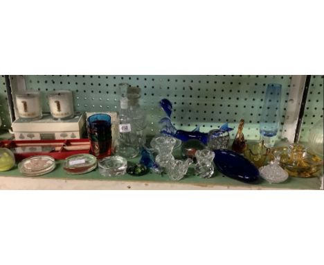 SHELF OF GLASS PAPER WEIGHTS, DECANTERS, VASES &amp; HIGH GROVE CANDLES