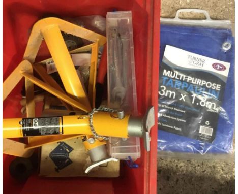 RED CARTON WITH MULTI PURPOSE TARPAULIN, OPEN ENDED SPANNERS &amp; HAND TOOLS, PAIR OF HALFORDS 2 TON AXLE STANDS &amp; MARPL