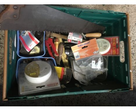 CARTON WITH RIP SAW &amp; VARIOUS OTHER HAND TOOLS INCL; SMOKE ALARMS
