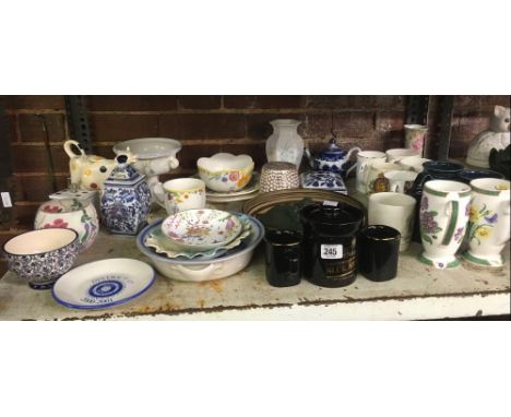 SHELF OF MISC CHINAWARE INCL; COMMEMORATIVE MUGS, BRIDGE WATER TEA POT, SMALL VASES &amp; OTHER CHINAWARE