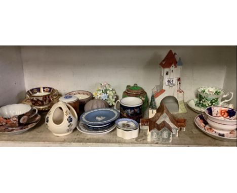 SHELF OF COLLECTORS CUPS &amp; SAUCERS, VARIOUS POTTERY ETC