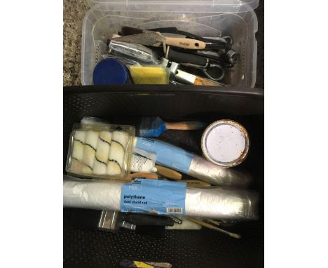 CARTON OF PAINT &amp; DECORATOR RULERS, BRUSHES, SCISSORS JACK &amp; OTHER TOOLS