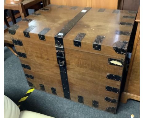 LARGE METAL BOUND OAK FITTED SILVER CHEST BY PAYNE &amp; SON, OXFORD, 35'' WIDE, FLAT HINGED LID, FITTED SHELF MISSING