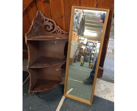 CORNER WALL SHELF UNIT WITH FRET WORK DECORATION, GILT FRAMED HALL MIRROR, AN OAK GALLERY TRAY &amp; A MAHOGANY EDWARDIAN OCT