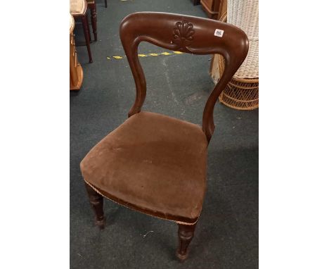 CARVED MAHOGANY &amp; UPHOLSTERED BALLOON BACK DINING CHAIR WITH TURNED LEGS &amp; UPHOLSTERED LADDER BACK ROCKING CHAIR