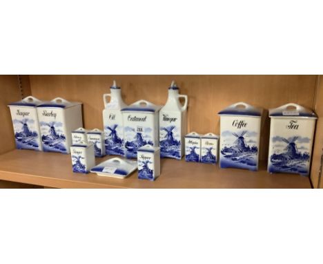 SHELF OF BLUE &amp; WHITE DELFT STYLE KITCHEN CANISTERS ETC