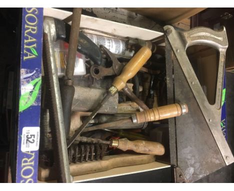 CARTON WITH MISC HAND TOOLS INCL; SAWS, WIRE BRUSHES, CHISELS 