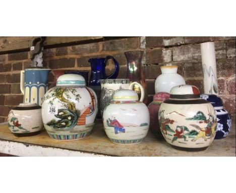 SHELF WITH VARIOUS ORIENTAL STYLE GINGER JARS, VASES &amp; BLUE  GLASS JUGS