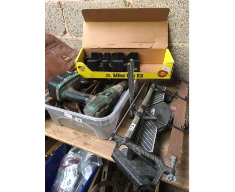 CARTON OF MISC TOOLS, A MITRE BOX &amp; A MITRE SAW