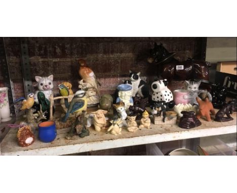 SHELF OF VARIOUS CHINA ANIMAL FIGURES INCL; SHIRE HORSE &amp; BIRDS