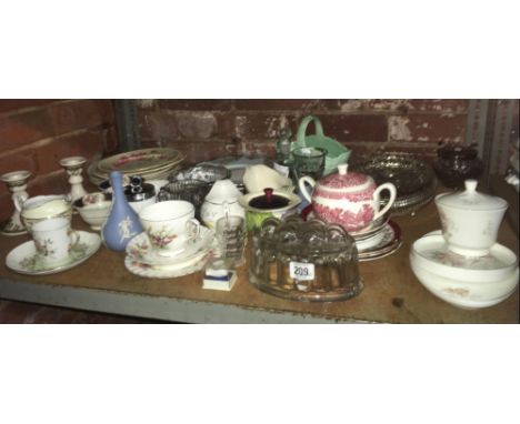 SHELF OF GLASS &amp; CHINAWARE INCL; 2 CHINA CANDLESTICKS BY JOHNSON BROTHERS, WEDGWOOD SUGAR BOWL, CUPS &amp; SAUCERS