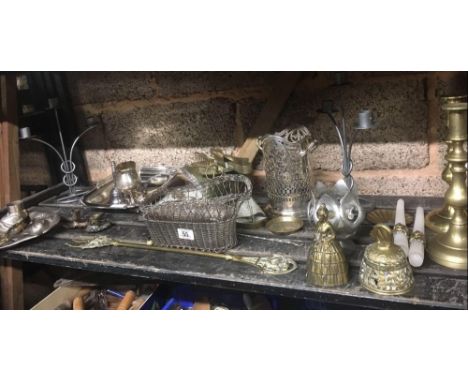 SHELF OF MISC PLATEDWARE INCL; WINE BASKET, GOBLETS, BELL &amp; BRASS CANDLESTICKS