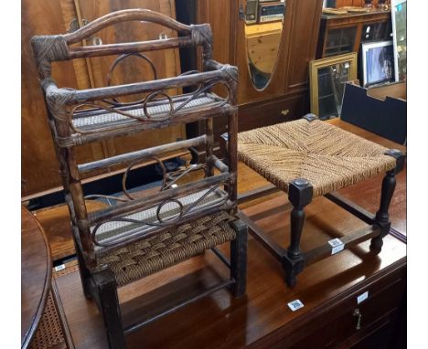 2 SMALL STRING TOP STOOLS &amp; SMALL BAMBOO SHELF