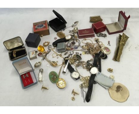 BAG WITH EMPTY JEWELLERY &amp; RING BOXES, SOUVENIR SPOONS, COSTUME JEWELLERY &amp; A BRASS CAT NUT CRACKER