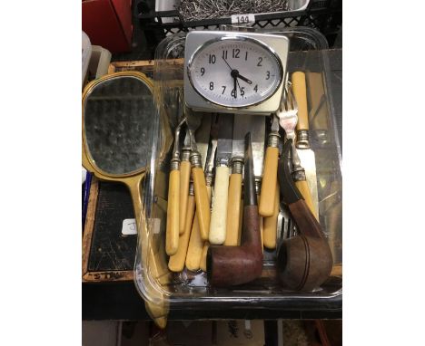 TUB CONTAINING TOOTH PIPES, HAND MIRROR, FISH KNIFE SET &amp; FORK &amp; MODERN TRAVEL CLOCK