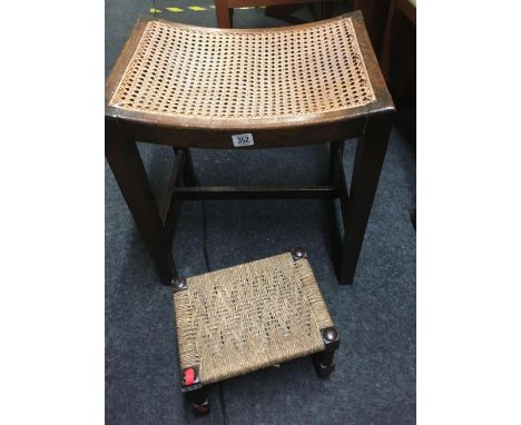 OAK WICKER TOP PIANO STOOL &amp; SMALL  FOOTSTOOL WITH BOBBIN TURN LEGS