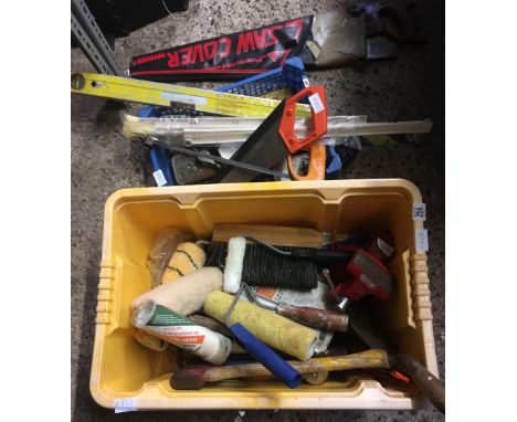 2 CARTONS OF MISC HAND TOOLS INCL; PAINT ROLLERS, HAMMERS, A VICE, RIP SAWS &amp; OTHER HAND TOOLS