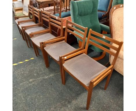 SET OF 6 MID CENTURY TEAK UPHOLSTERED LADDER BACK DINING CHAIRS