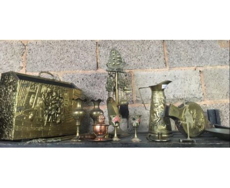 SHELF OF BRASS WARE INCL; FIRESIDE SET &amp; BRASS EMBOSSED NEWSPAPER RACK