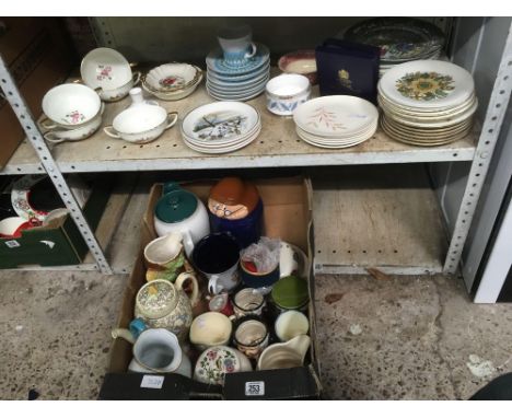 CARTON OF MUGS, TEA POTS, GINGER JARS &amp; A SHELF OF PLATES &amp; SAUCERS BY ROYAL WORCESTER &amp; ROYAL DOULTON