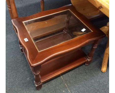 MAHOGANY GLASS TOPPED COFFEE TABLE WITH SHELF UNDER &amp; TURNED LEGS