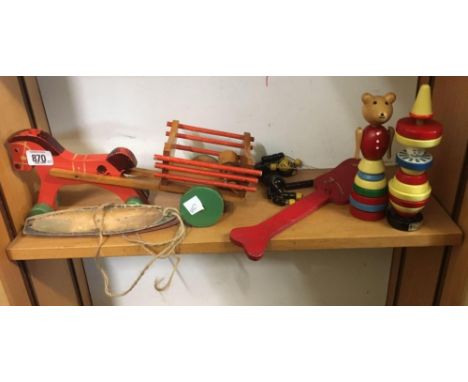 SHELF WITH VINTAGE WOODEN TOYS