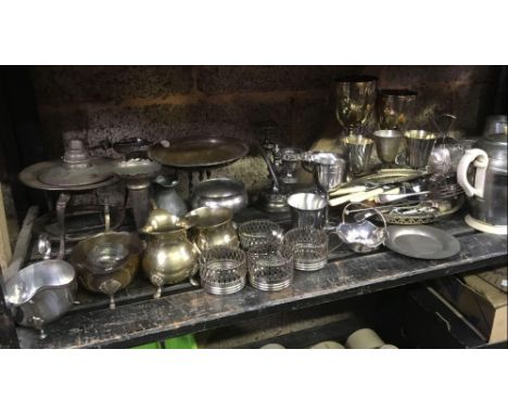 SHELF WITH LARGE QTY OF PLATED EPNS STAINLESS STEEL &amp; PEWTER MUGS, JUGS &amp; CUTLERY