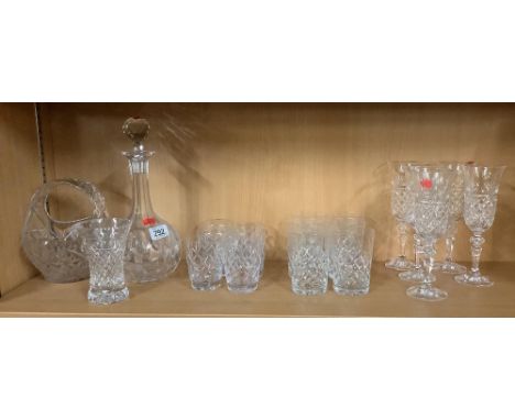 SHELF OF CUT GLASS GLASSES, DECANTER ETC