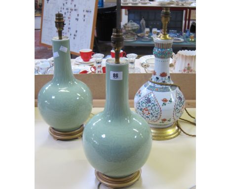 A pair of celadon baluster lamps and another modern Chinese lamp decorated in famille verte palette of baluster form -3 (sold