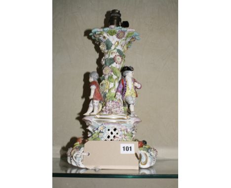 A Dresden porcelain table lamp, floral encrusted, with figures of children, 40cm high approx. Best Bid