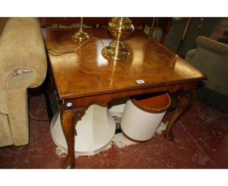 A square walnut coffee table, two mahogany lamp tables and small walnut tripod table.