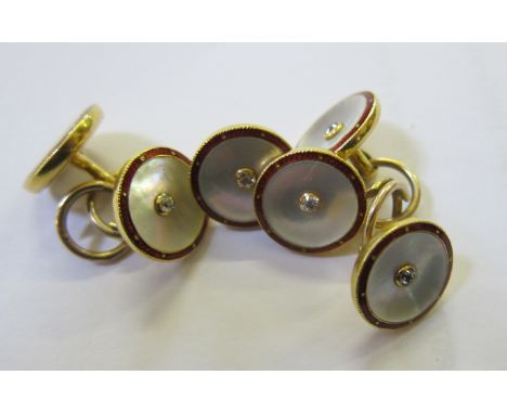 A pair of 18ct gold, diamond, mother of pearl and enamel cufflinks and a spare pair of ends 