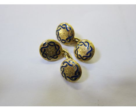 A pair of 18ct gold and blue enamel cufflinks, engraved decoration 