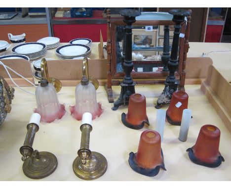Two candlesticks, a bedwarmer, two pairs of wall lights, a ceiling light, a toilet mirrorand a brass fire curb