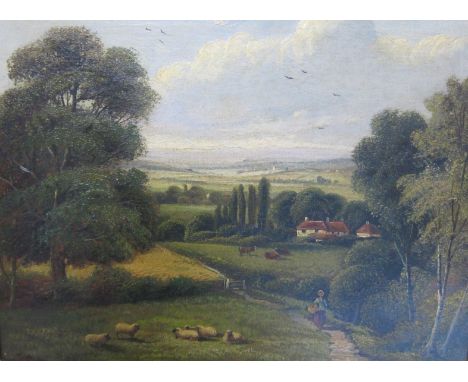 English (19th Century School) Female figure on path in country landscape Oil on canvas Signed indistinctly lower left J. Mure