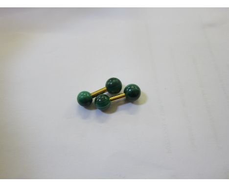 A pair of 14K gold and malachite barbell ball cufflinks marked Tiffany