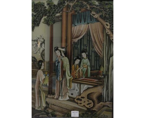 A pair of 20th Century Chinese paintings on glass in lacquered frames, a late 19th/ early 20th Century Oriental painting on i