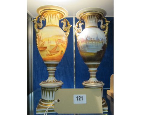 A pair of two-handles pedestal vases, decorated with fishing boats and coastal village, marked to base Grainger Lee & Co Worc