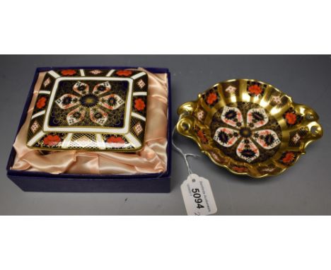 A Royal Crown Derby - an 1128 Imari pattern rectangular trinket box and cover, boxed;  a twin handled comport shaped bon bon 