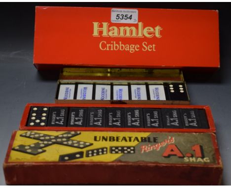 Advertising - a double six set of Woodbine dominoes;  another Ringers A.1 Shag;  a Hamlet Cribbage set with two packs of card