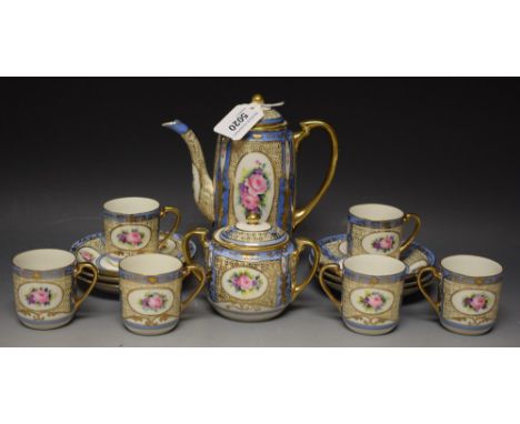 A Noritake hand painted six setting coffee service, pale printed marks including coffee pot, sucrier; etc 