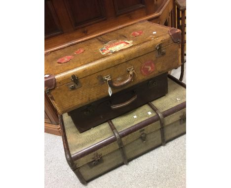 Vintage Luggage - a brown leather suitcase; a wooden bound steamer trunk; another suitcase with Cunard White Star labels (3)