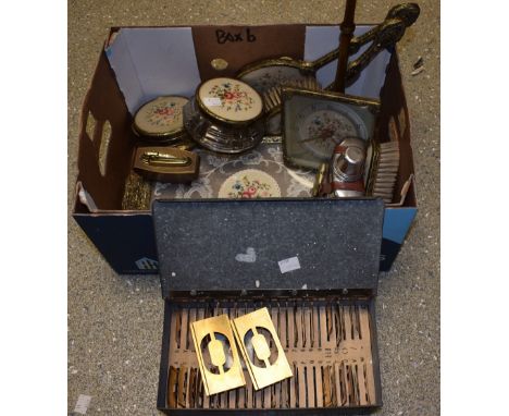 Boxes and Objects - a set of interlocking brass stencils comprising letters and numbers, cased; a brass bamboo design candles