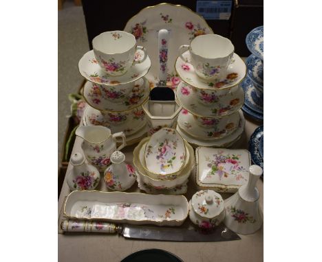 Royal Crown Derby Posies tea service; six cups and saucers, six side plates, sugar bowl, milk jug, cruet set, cake knife and 