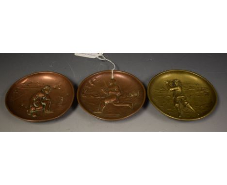 Sport - a Joseph Walker brass trinket dish, embossed with a golfer at full swing;  others copper, Running and Bowls, each 10c