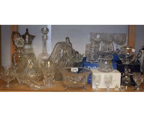 A Tutbury cut glass decanter, boxed; a claret jug; other cut glassware, fruit baskets, preserve pot and cover, cruet stand, d