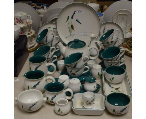 A Denby Greenwheat tea set for six comprising cups and saucers, side plates, tea pot, cream jug and sugar bowl; others, egg c