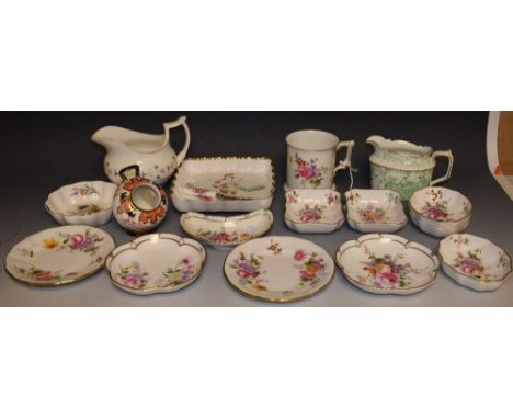 A Bloor Derby Cornflower pattern jug; a Royal Crown Derby Imari hair tidy; a Royal Crown Derby Posy pattern commemorative mug
