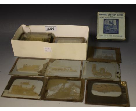 A set of Primus Magic Lantern slides, Jack and the Beanstalk, boxed;  others early steam locomotives and trains, qty